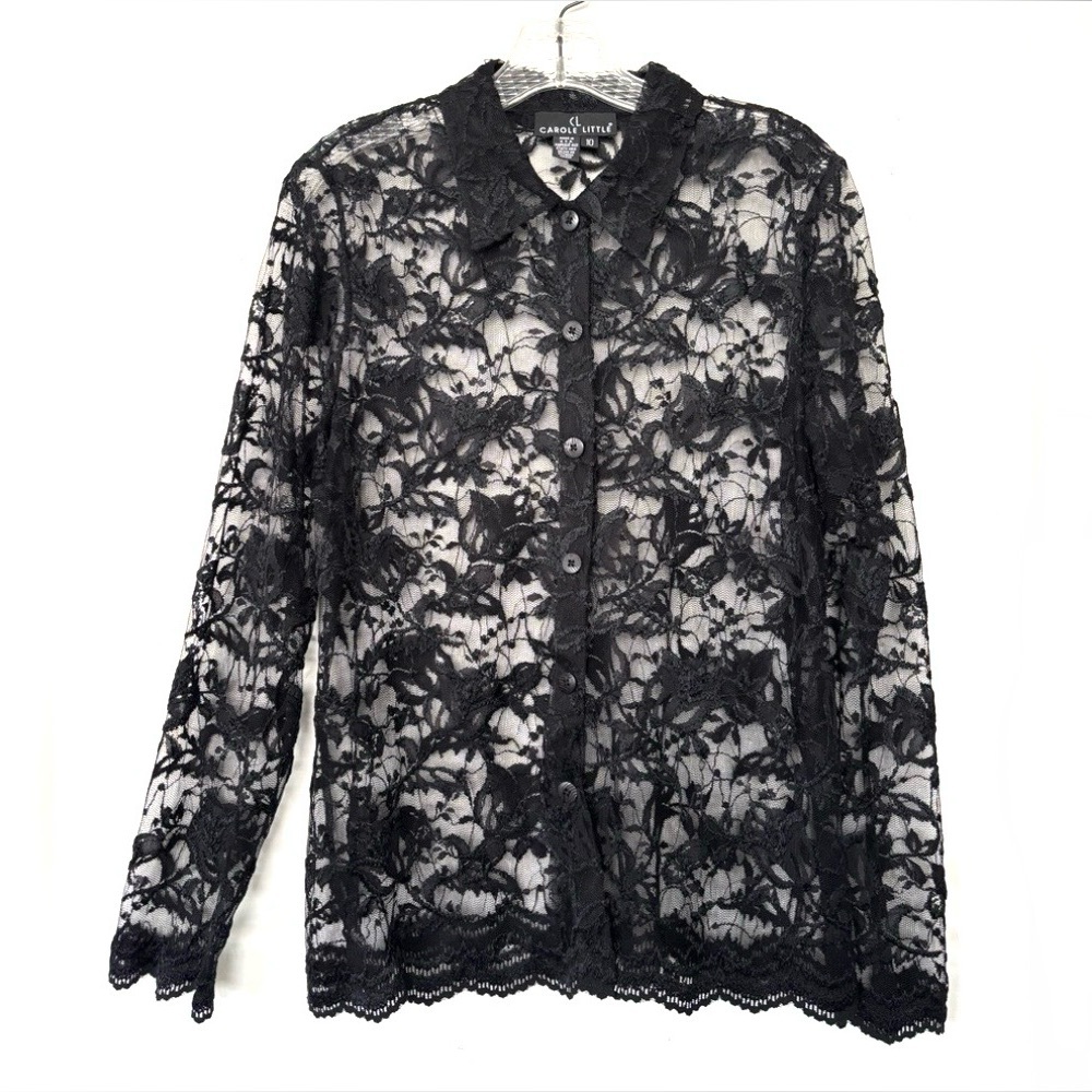 Carole Little top blouse vintage black lace button down 90’s y2k sz 10